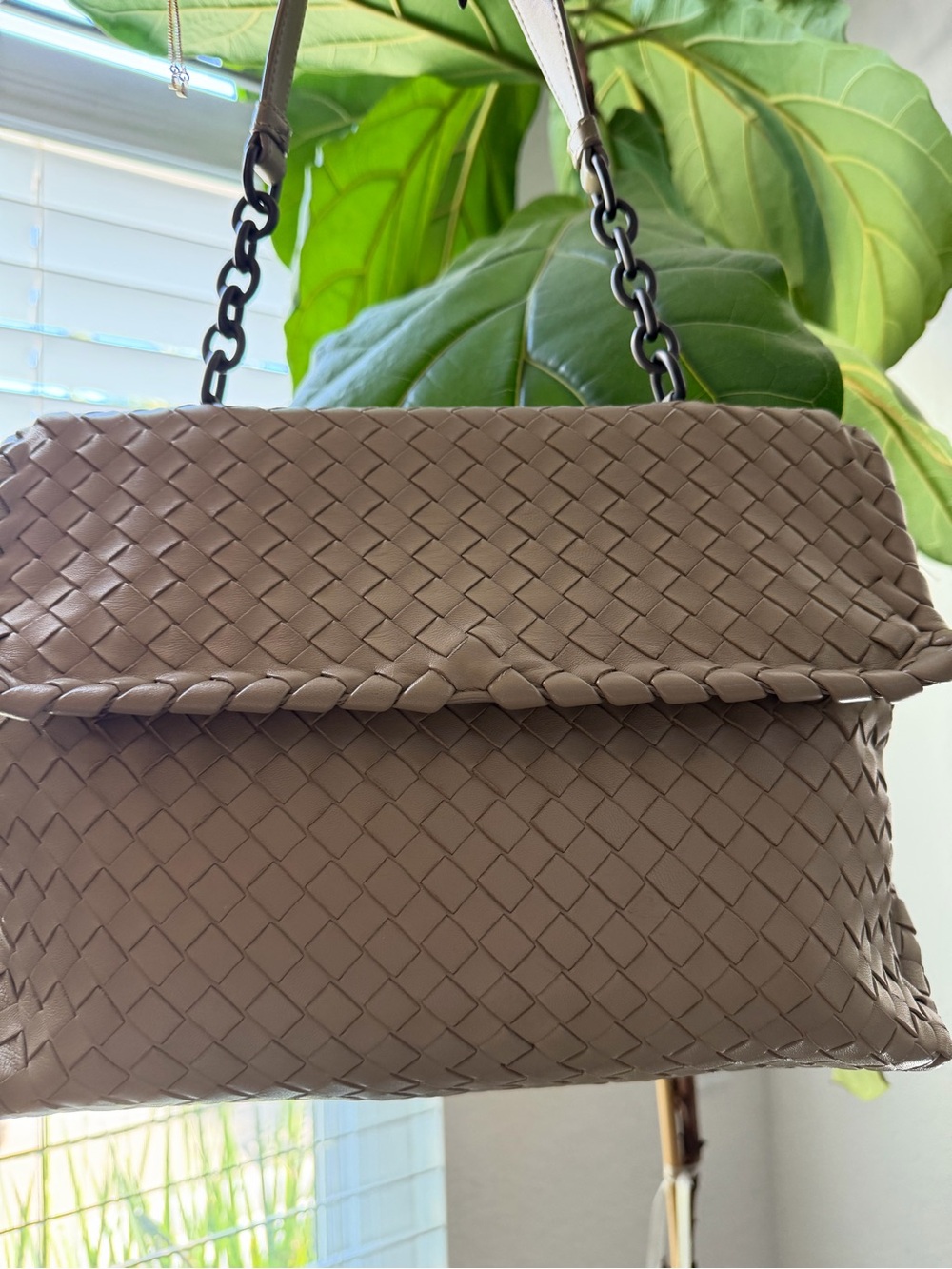 Authentic Bottega Veneta -Olimpia Woven Leather Shoulder Bag in Light Taupe